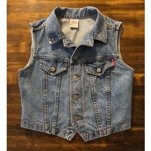 Bongo Women’s Large Denim Vest Vintage Button Front Blue Jean Crop 100% Cotton